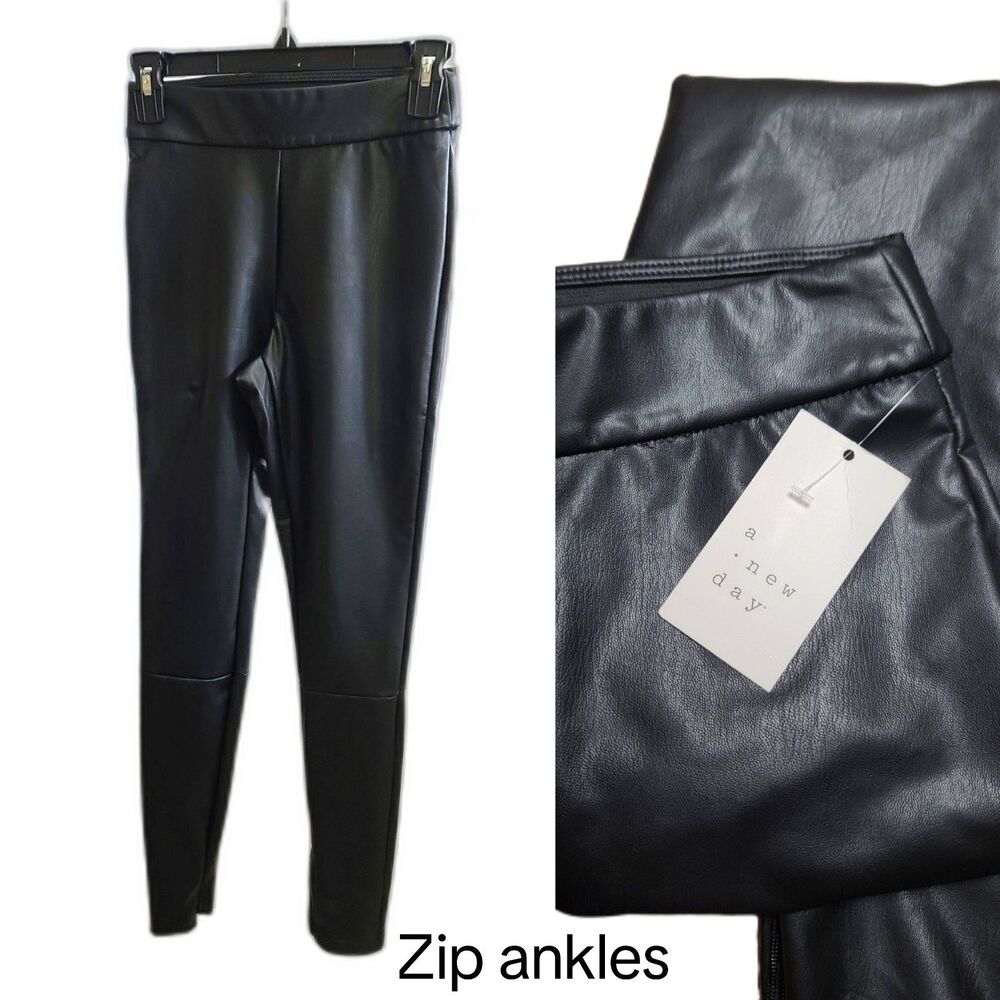NEW NWT XS A New Day black faux leather pants ankle zip skinny moto high waist